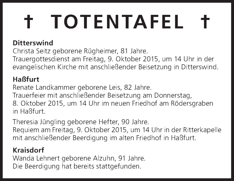  Traueranzeige für Totentafel vom 07.10.2015 vom 07.10.2015 aus MGO