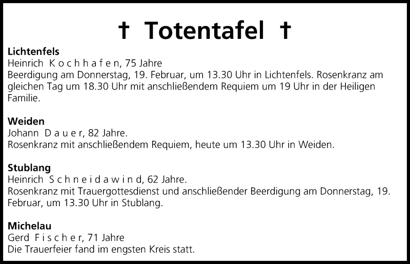  Traueranzeige für Totentafel vom 17.02.2015 vom 17.02.2015 aus MGO