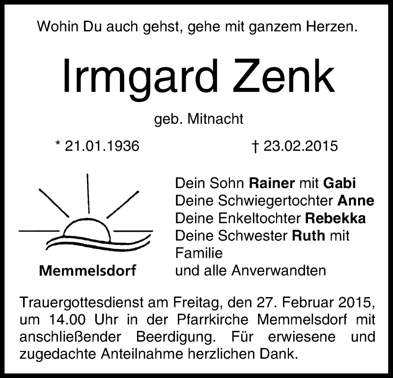  Traueranzeige für Irmgard Zenk vom 25.02.2015 aus MGO