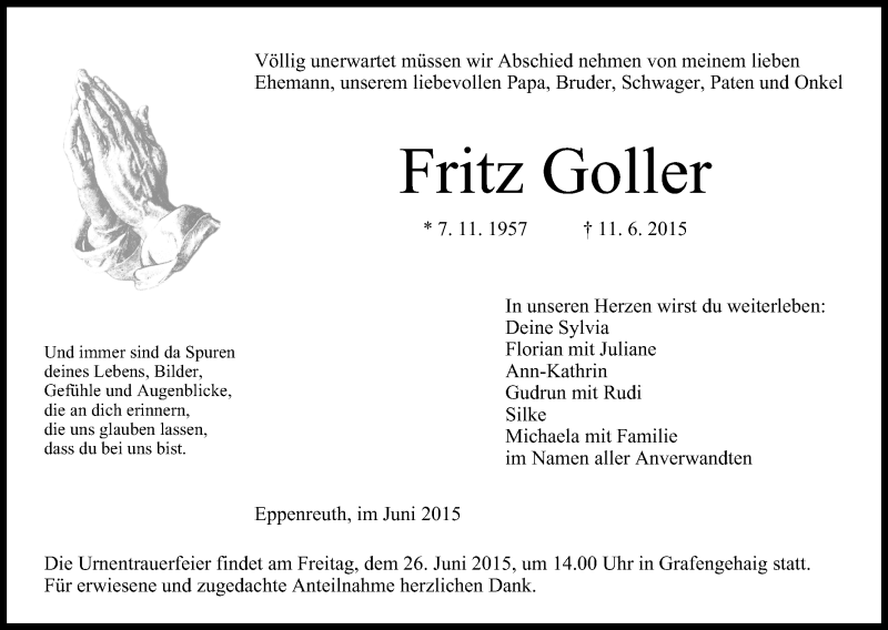  Traueranzeige für Fritz Goller vom 24.06.2015 aus MGO