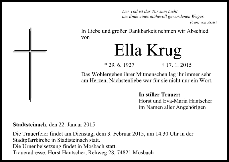  Traueranzeige für Ella Krug vom 22.01.2015 aus MGO