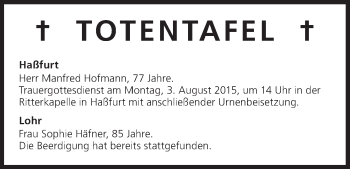Anzeige von Totentafel vom 01.08.2015 von MGO