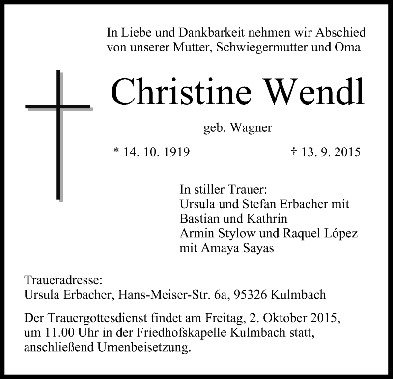  Traueranzeige für Christine Wendl vom 26.09.2015 aus MGO