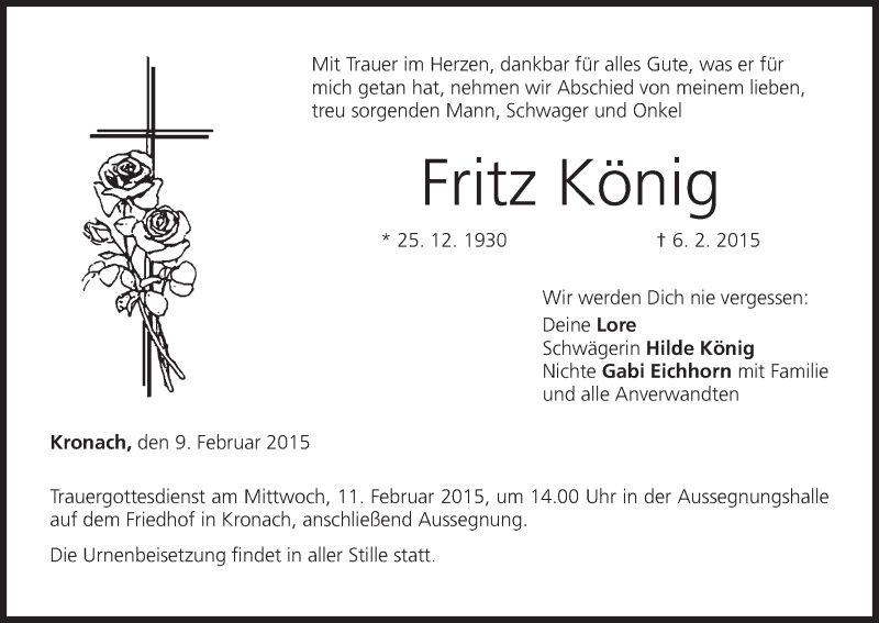  Traueranzeige für Fritz König vom 09.02.2015 aus MGO