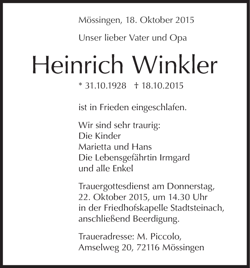  Traueranzeige für Heinrich Winkler vom 21.10.2015 aus MGO