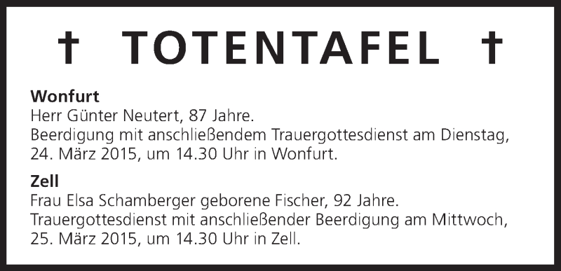  Traueranzeige für Totentafel 24.03.2015 vom 24.03.2015 aus MGO