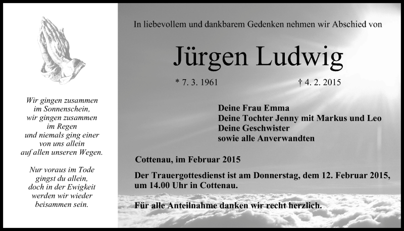  Traueranzeige für Jürgen Ludwig vom 07.02.2015 aus MGO