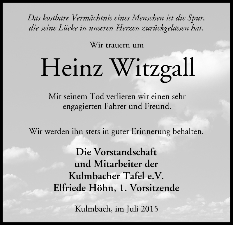  Traueranzeige für Heinz Witzgall vom 03.07.2015 aus MGO