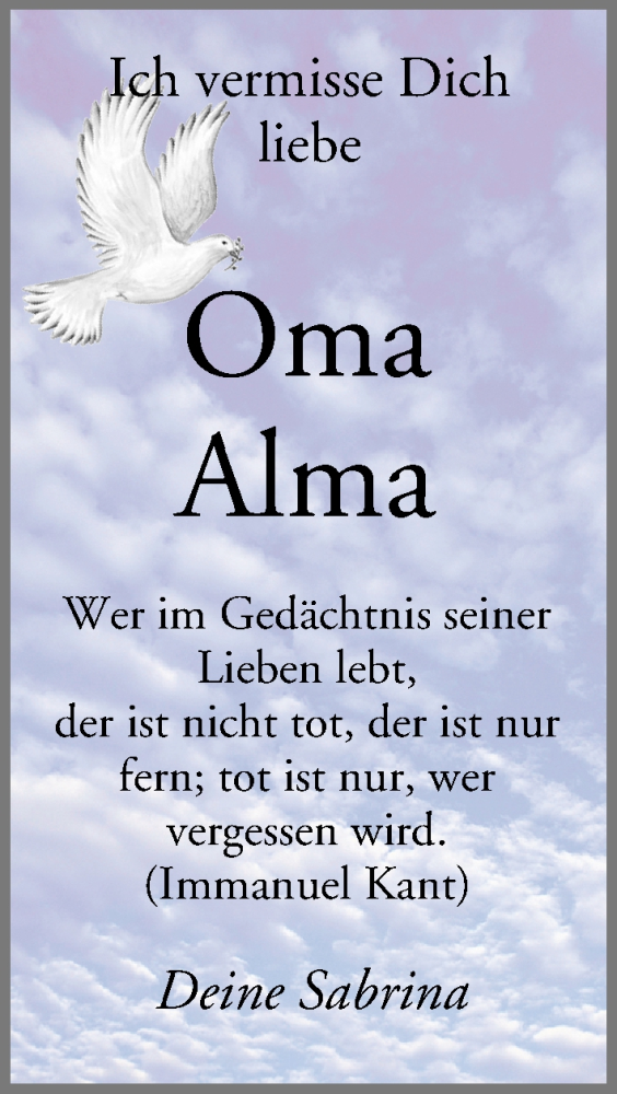  Traueranzeige für Alma  vom 31.10.2015 aus MGO
