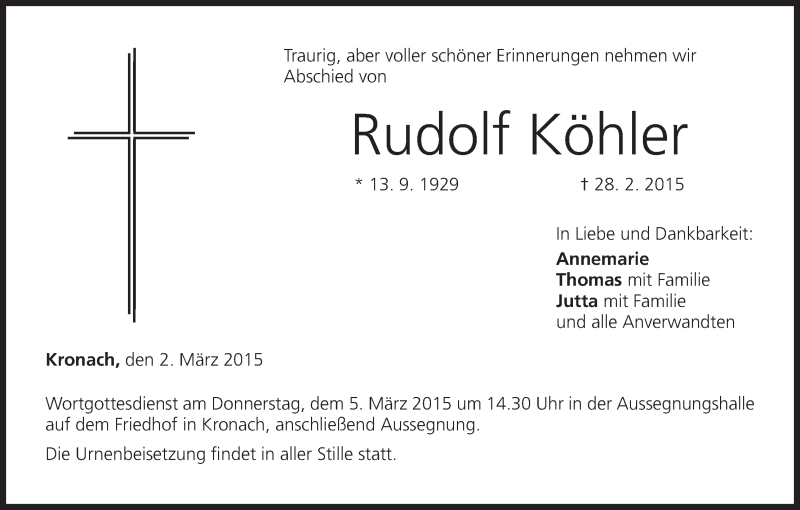  Traueranzeige für Rudolf Köhler vom 02.03.2015 aus MGO