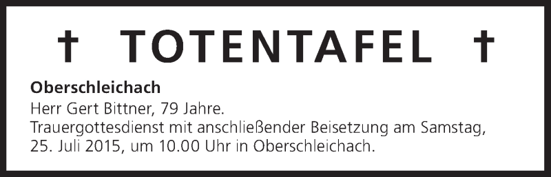  Traueranzeige für Totentafel, vom 25.07.2015 vom 25.07.2015 aus MGO