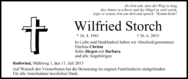  Traueranzeige für Wilfried Storch vom 11.07.2015 aus MGO