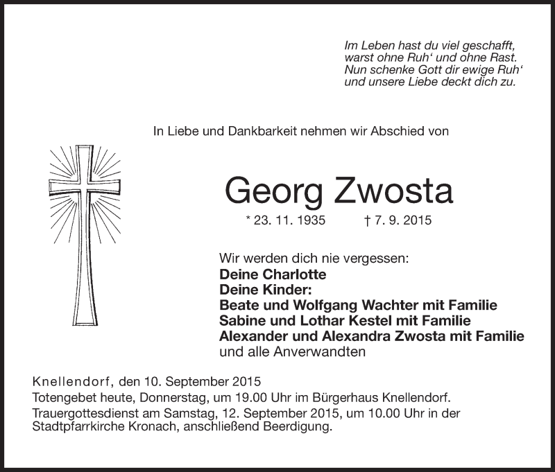  Traueranzeige für Georg Zwosta vom 10.09.2015 aus MGO