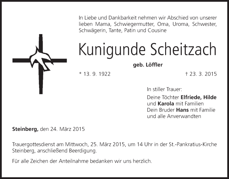  Traueranzeige für Kunigunde Scheitzach vom 24.03.2015 aus MGO