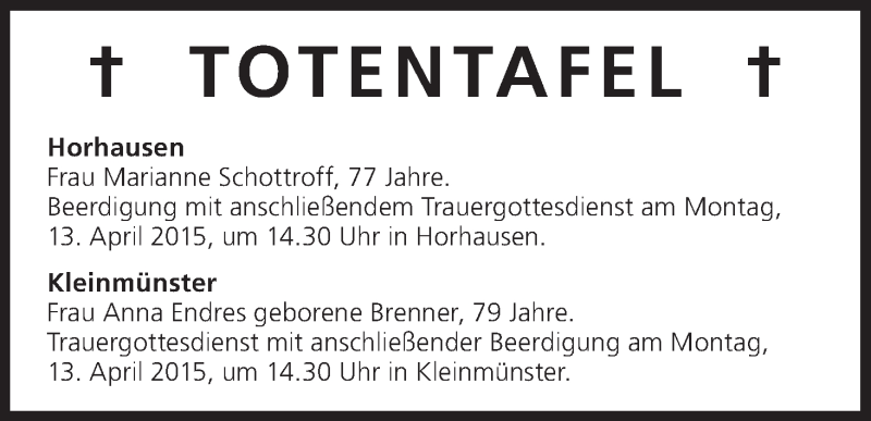  Traueranzeige für Totentafel  vom 11.04.2015 aus MGO