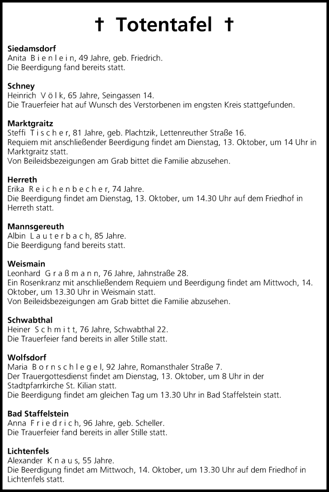  Traueranzeige für Totentafel vom 13.10.2015 vom 13.10.2015 aus MGO