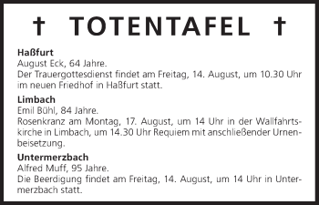 Anzeige von Totentafel, vom 14.08.2015 von MGO