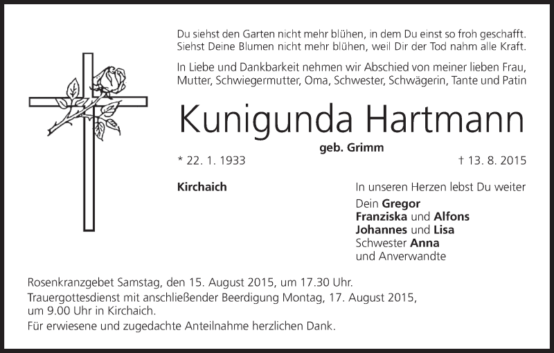  Traueranzeige für Kunigunda Hartmann vom 15.08.2015 aus MGO
