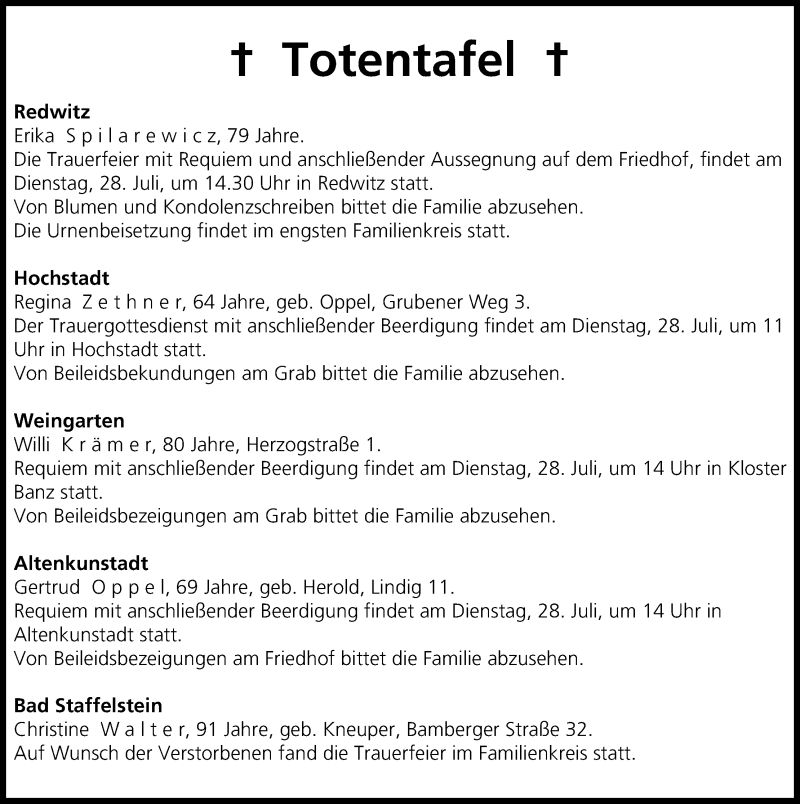  Traueranzeige für Totentafel vom 28.07.2015 vom 28.07.2015 aus MGO