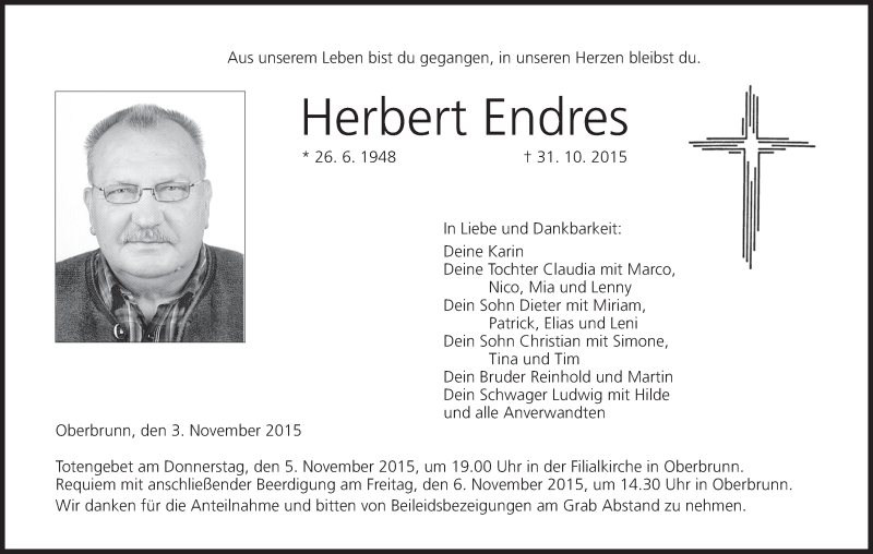  Traueranzeige für Herbert Endres vom 03.11.2015 aus MGO