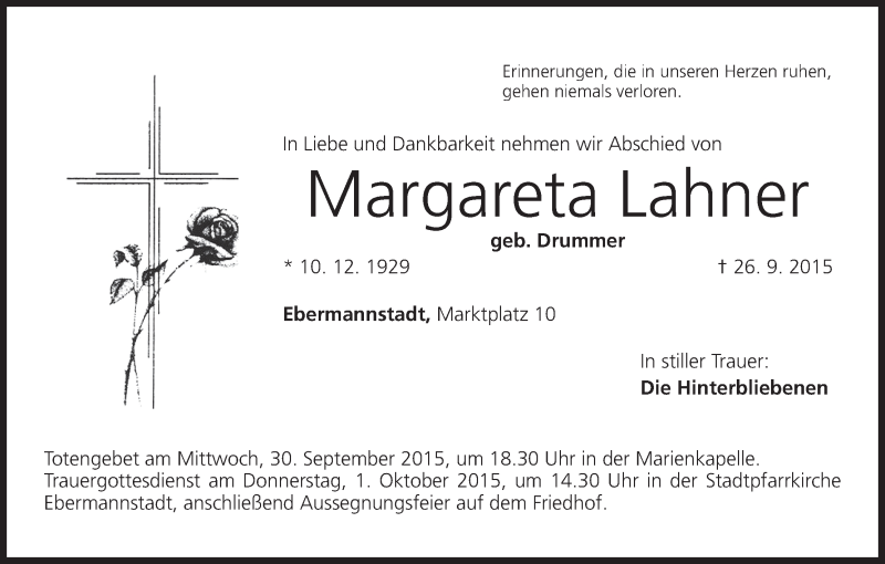  Traueranzeige für Margareta Lahner vom 29.09.2015 aus MGO