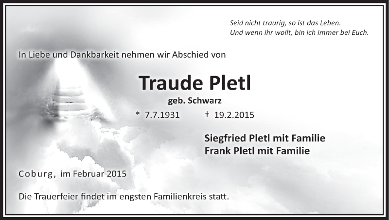  Traueranzeige für Traude Pletl vom 23.02.2015 aus MGO