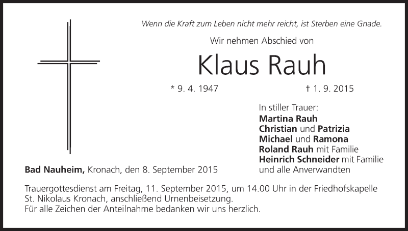  Traueranzeige für Klaus Rauh vom 08.09.2015 aus MGO
