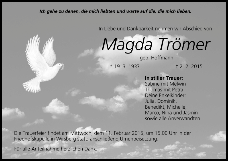  Traueranzeige für Magda Trömer vom 09.02.2015 aus MGO