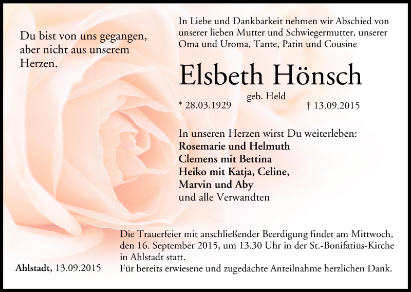  Traueranzeige für Elsbeth Hönsch vom 15.09.2015 aus MGO