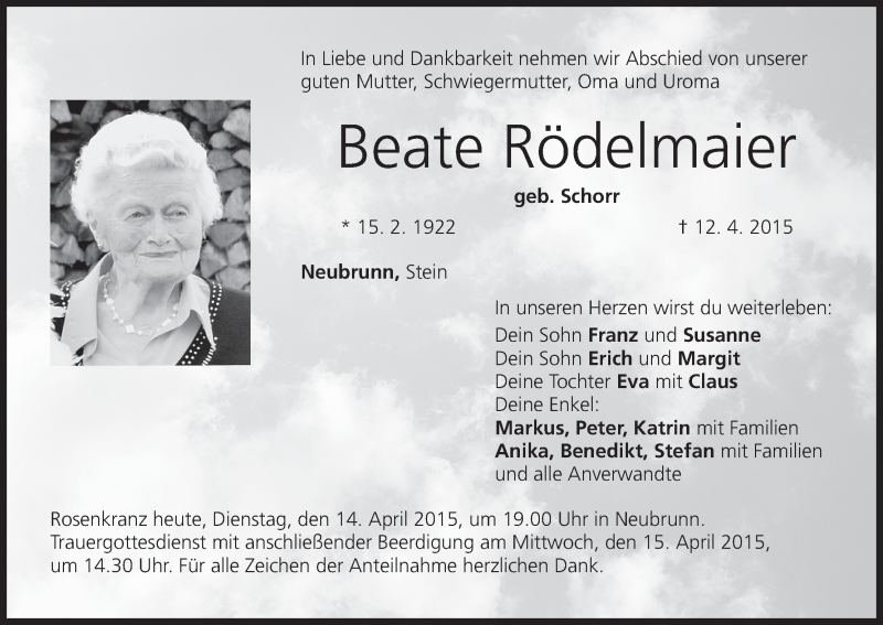  Traueranzeige für Beate Rödelmaier vom 14.04.2015 aus MGO