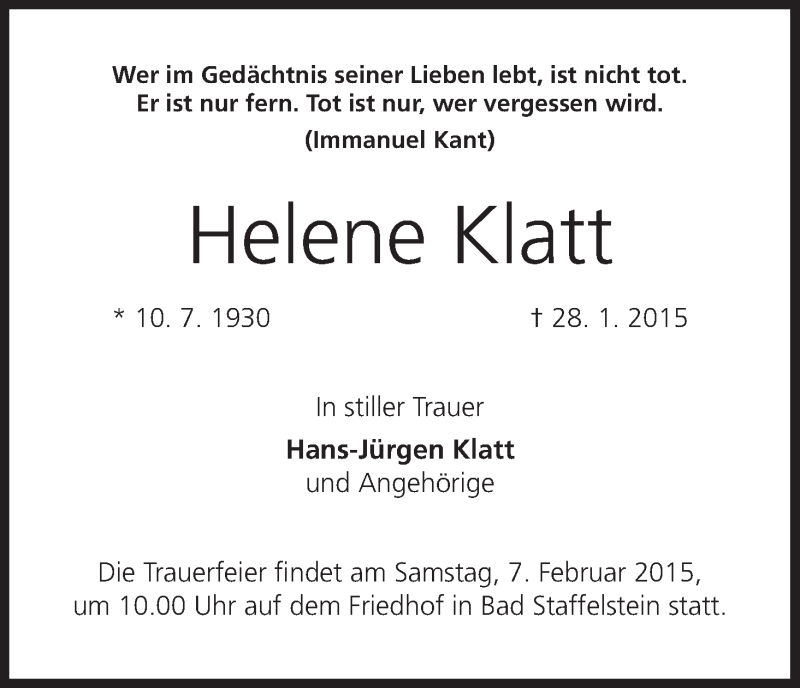  Traueranzeige für Helene Klatt vom 05.02.2015 aus MGO