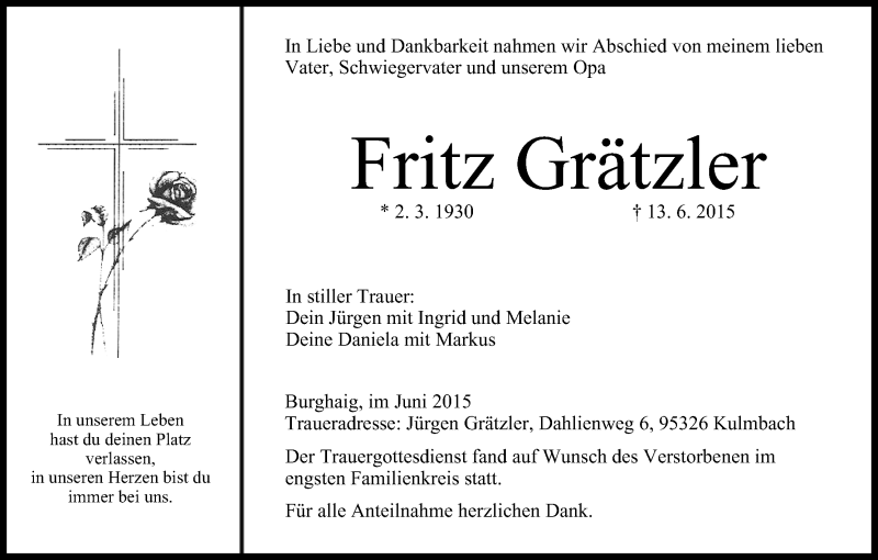  Traueranzeige für Fritz Grätzler vom 19.06.2015 aus MGO
