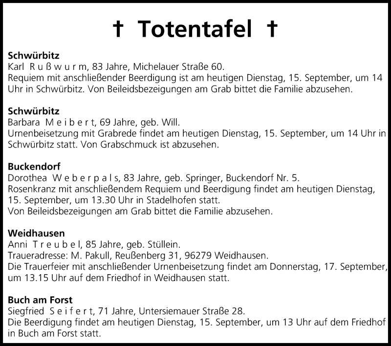  Traueranzeige für Totentafel vom 15.09.2015 vom 15.09.2015 aus MGO