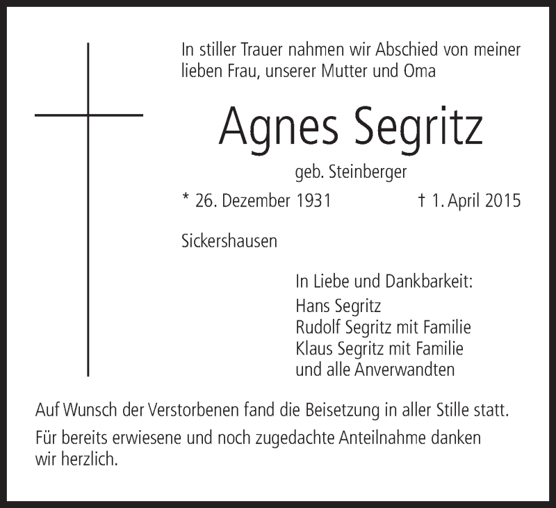  Traueranzeige für Agnes Segritz vom 11.04.2015 aus MGO