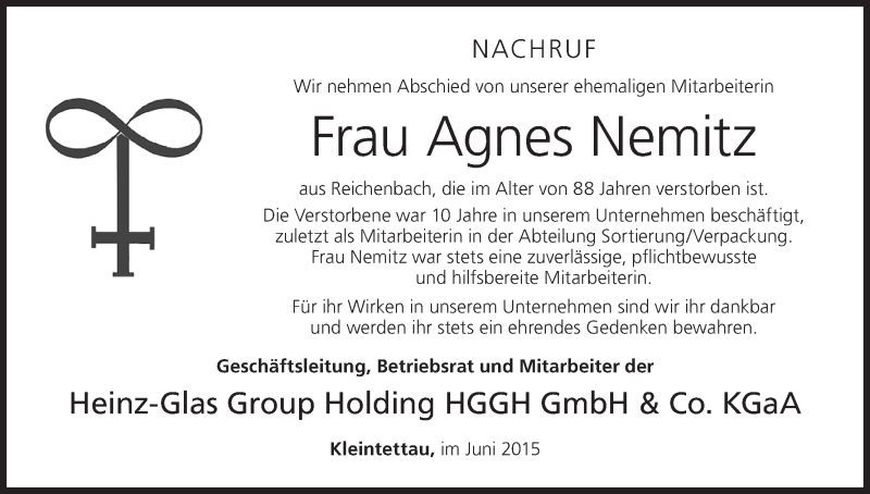  Traueranzeige für Agnes Nemitz vom 06.06.2015 aus MGO