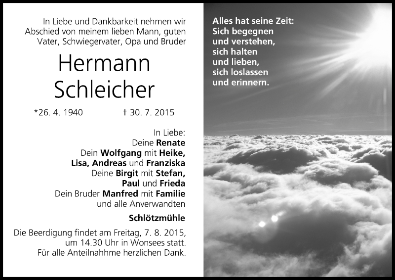  Traueranzeige für Hermann Schleicher vom 05.08.2015 aus MGO