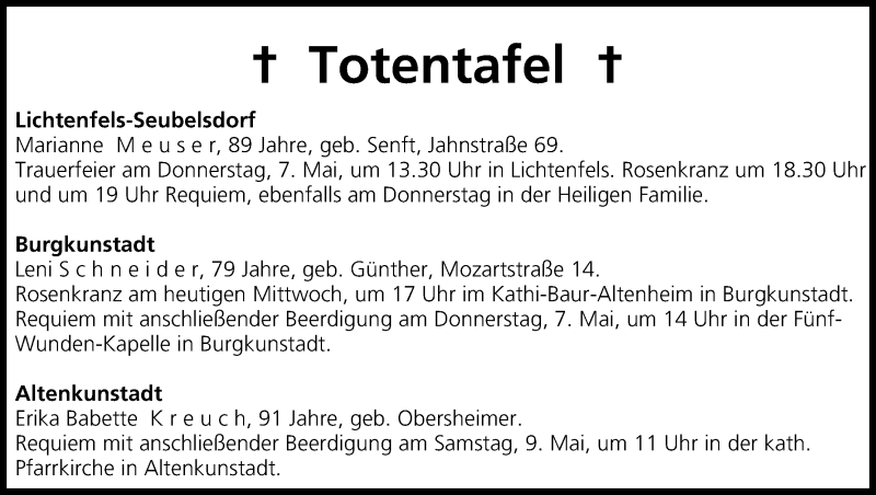  Traueranzeige für Totentafel vom 06.05.2015 vom 06.05.2015 aus MGO