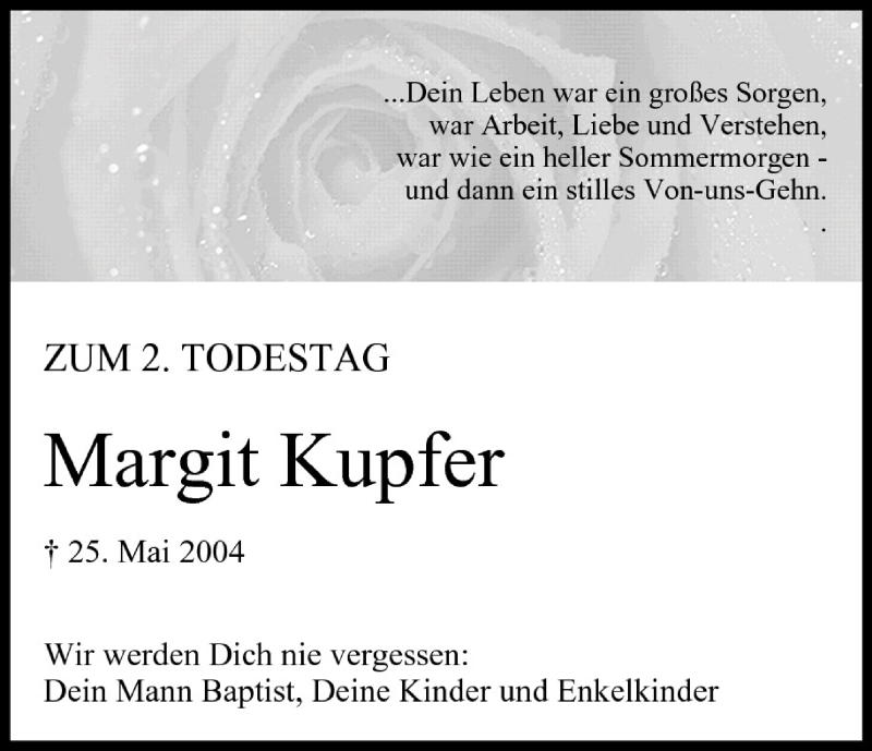  Traueranzeige für Margit Kupfer vom 25.05.2006 aus MGO