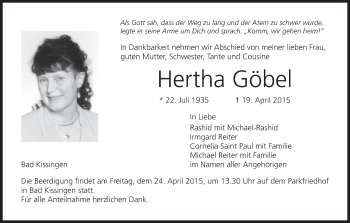 Anzeige von Hertha Göbel von MGO