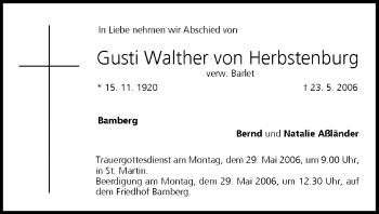 Anzeige von Gusti Walther von Herbstenburg von MGO
