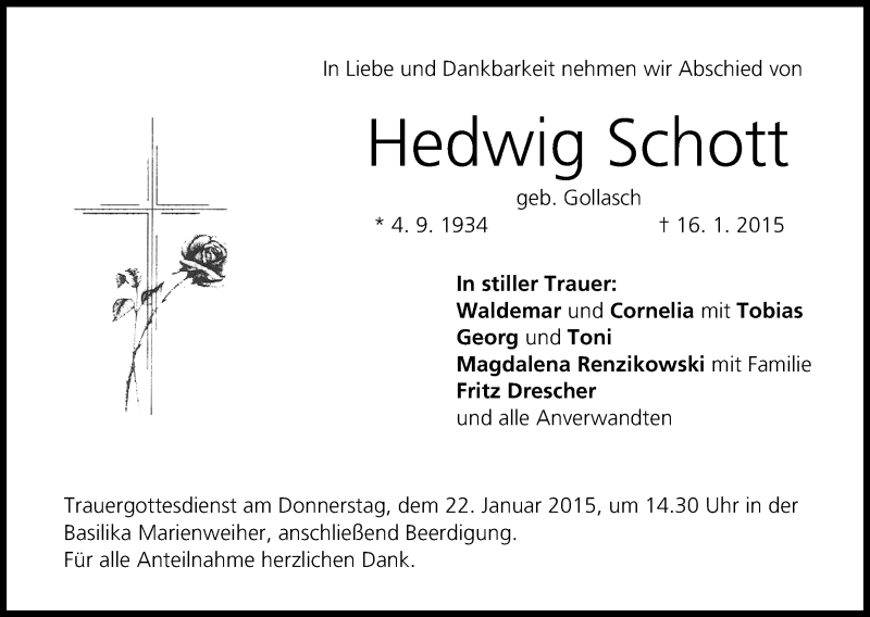  Traueranzeige für Hedwig Schott vom 20.01.2015 aus MGO
