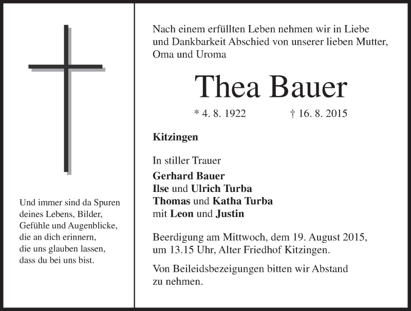  Traueranzeige für Thea Bauer vom 18.08.2015 aus MGO