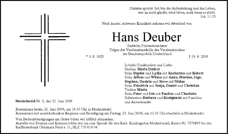  Traueranzeige für Hans Deuber vom 21.06.2006 aus MGO
