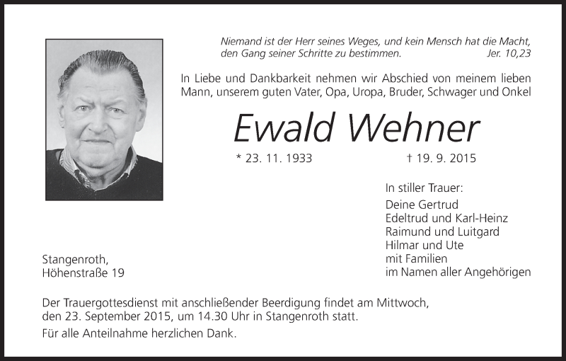  Traueranzeige für Ewald Wehner vom 22.09.2015 aus MGO
