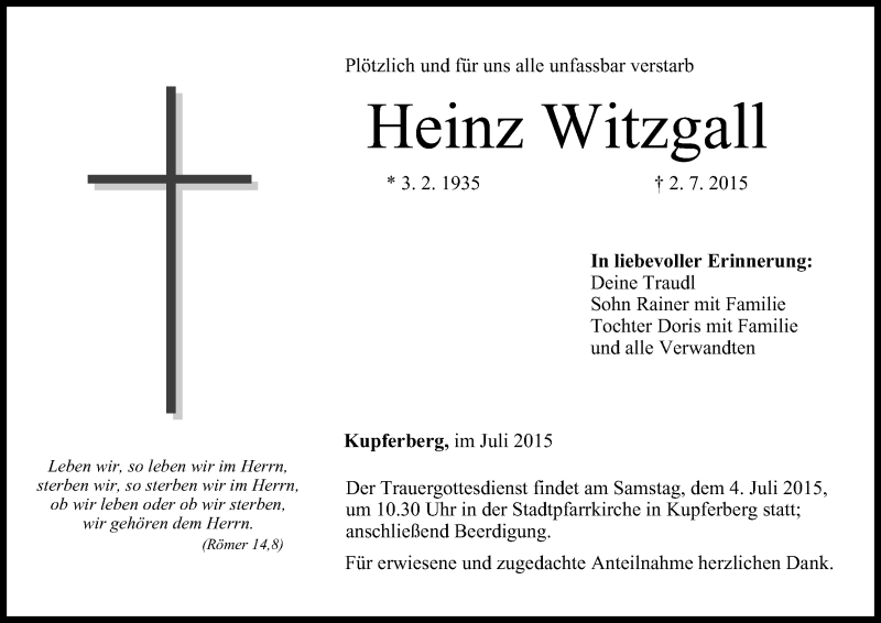  Traueranzeige für Heinz Witzgall vom 03.07.2015 aus MGO