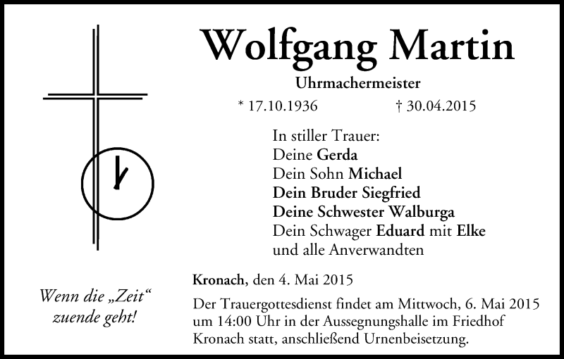  Traueranzeige für Wolfgang Martin vom 04.05.2015 aus MGO