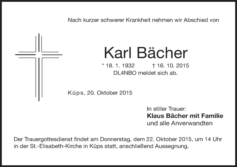  Traueranzeige für Karl Bächer vom 20.10.2015 aus MGO