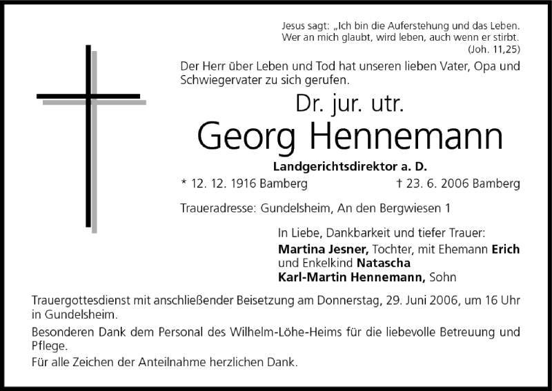  Traueranzeige für Georg Hennemann vom 28.06.2006 aus MGO