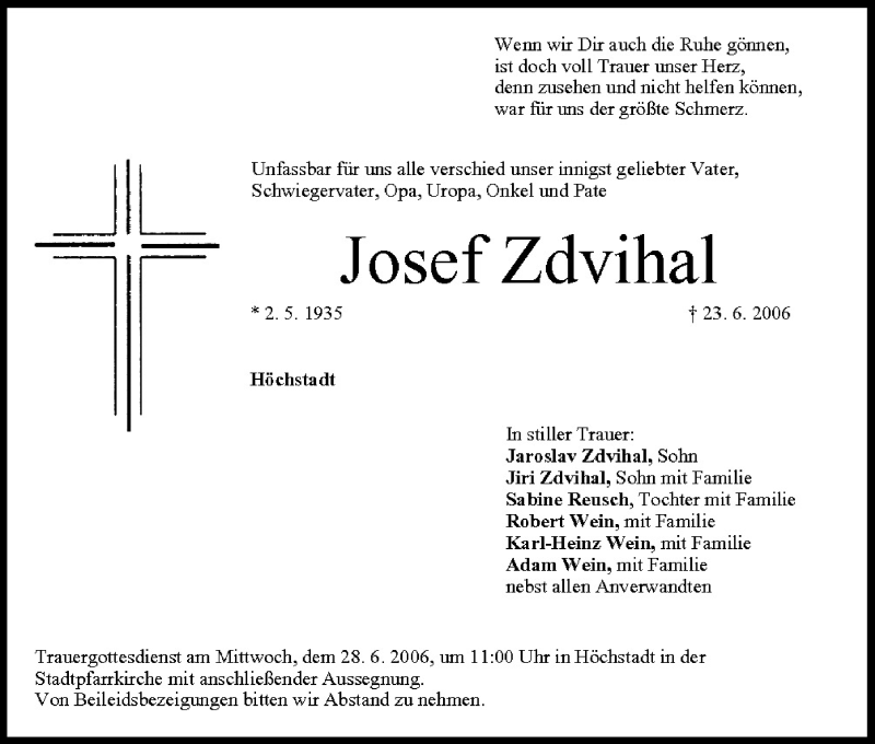  Traueranzeige für Josef Zdvihal vom 28.06.2006 aus MGO