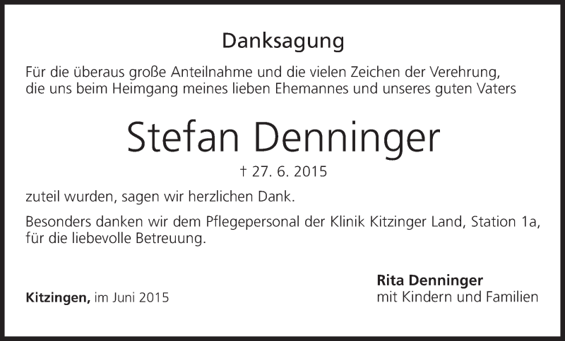  Traueranzeige für Stefan Denninger vom 18.07.2015 aus MGO